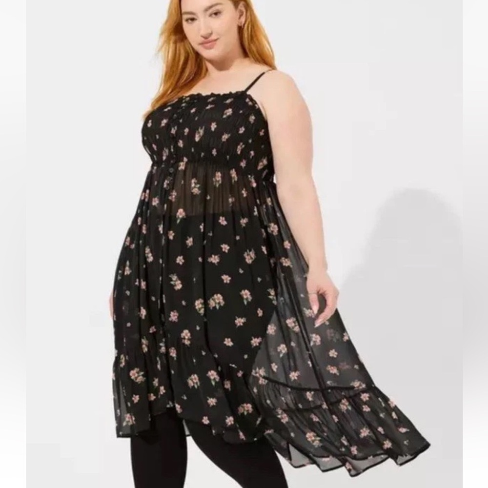 Torrid Chiffon Sheer Button Up Sleeveless Tunic Top Black Floral Size 2X